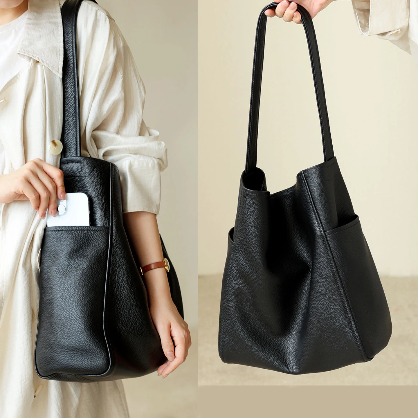 2025 Korean Style Togo Top Grain Leather Spacious Tote Bag Versatile Casual Shoulder Bag Women Shopping Bag Minimalist Trendy