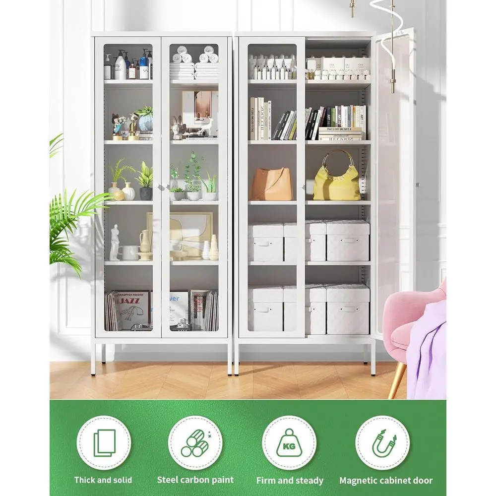 خزانة تحف زجاجية حديثة طويلة مع بابين و4 أرفف، وخزانة كتب للتخزين للمكتب المنزلي وغرفة المعيشة والمدخل