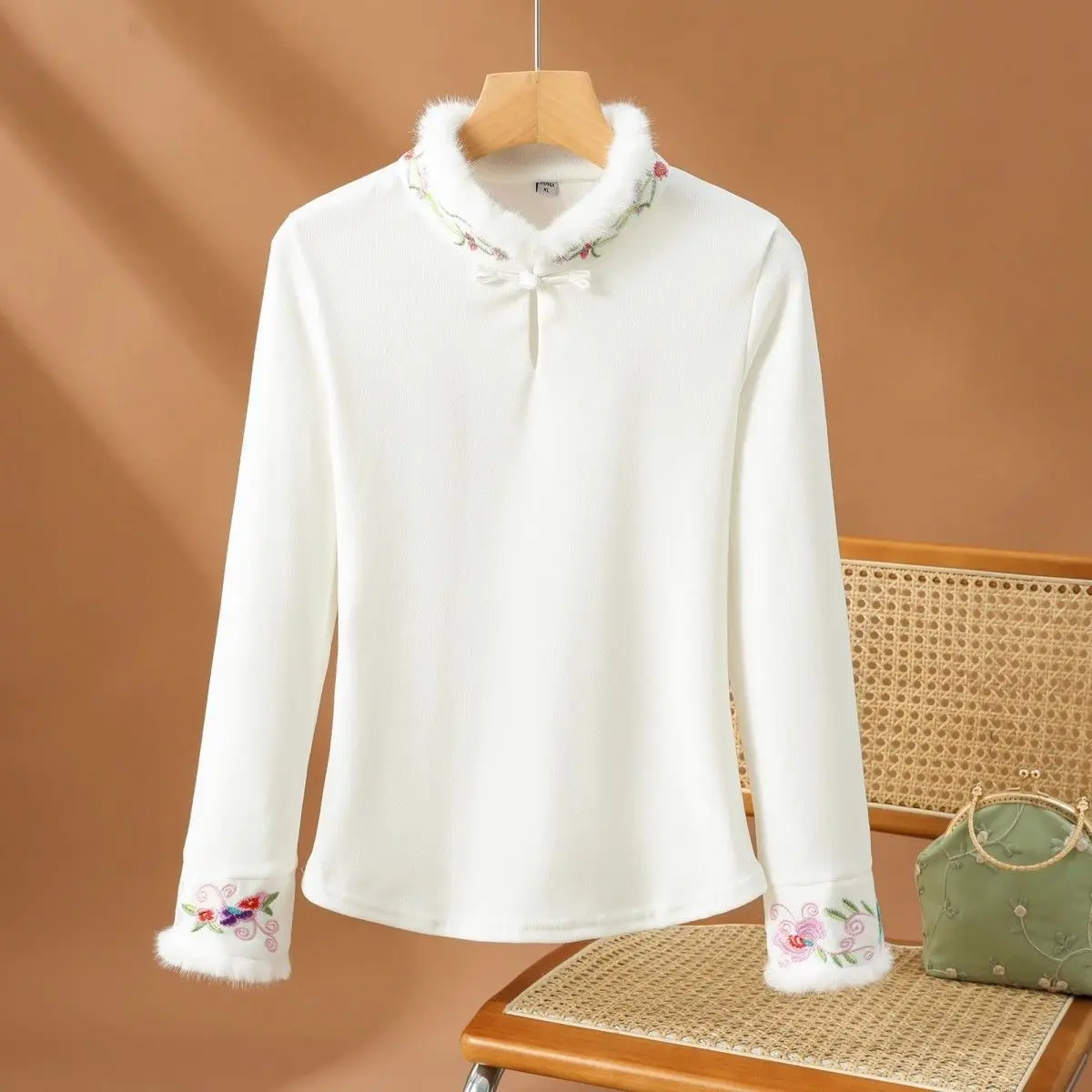 

New Chinese Style Women's Dralon Top, Autumn Winter Thick Velvet Base Shirt, Stand Collar Embroidery Long Sleeve T-Shirt