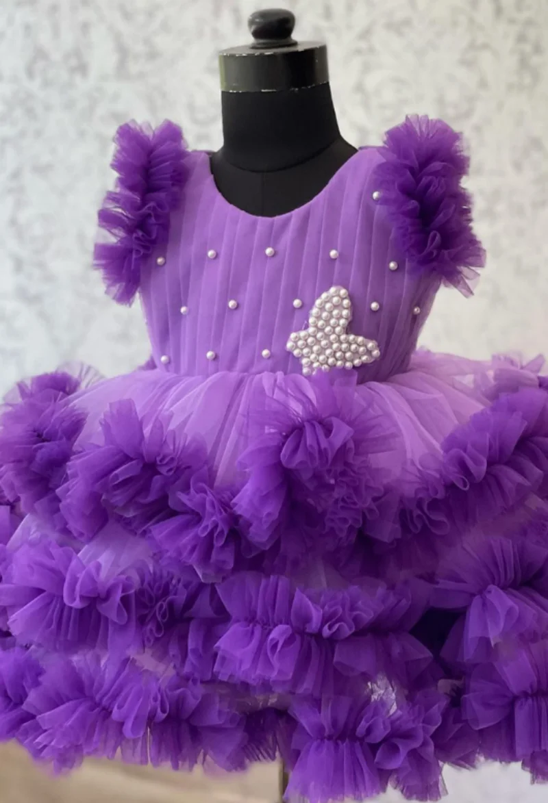 

Tiered Purple Puffy Wedding Flower Girl Dress with Bow Pearls Toddler First Birthday Party Dress Photoshoot Outfit