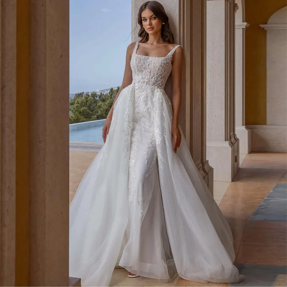 

Fashion Square Collar Spaghetti Straps Bridal Gowns Temperament Mermaid Customized Wedding Dress Elegant Beading Robe de mariée