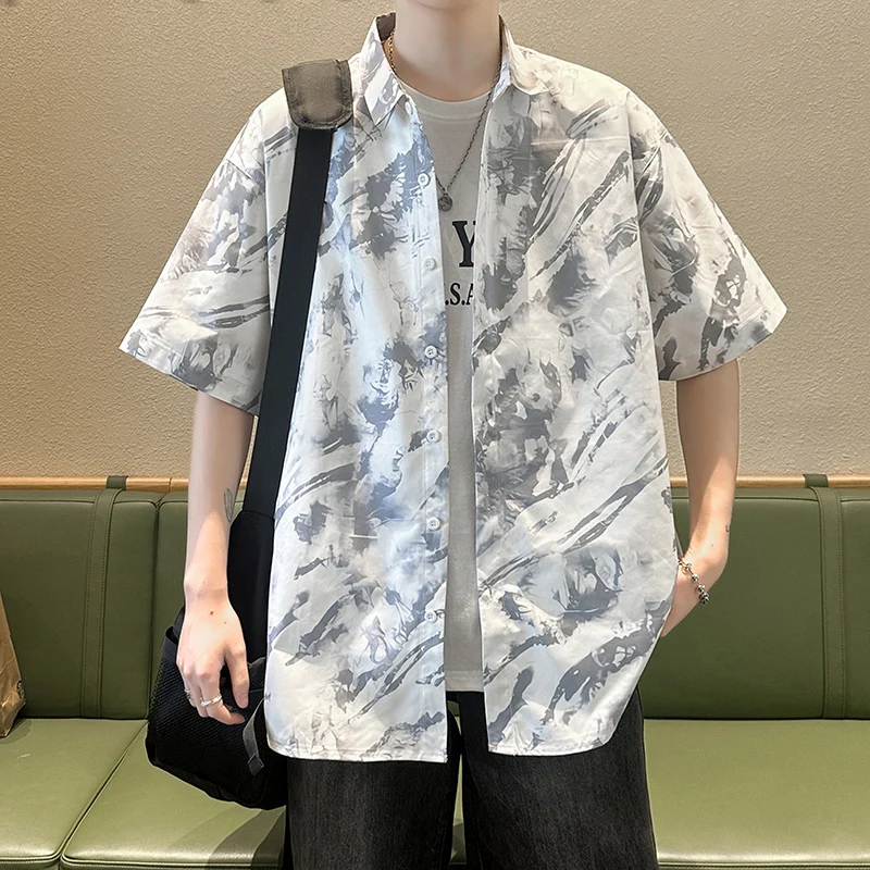 Advanced Feeling Men's Short Sleeve Shirt Youthful Floral Watercolor Print Trendy And Handsome High School Student Outerwear