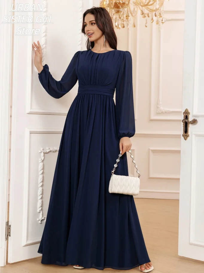 Navy Blue Round-Neck Chiffon Long Dress with Pleated Front, Lantern Sleeves, High-Waist, and Flowing Design, Suitable for Muslim Women, Eid Celebrations, Wedding Guests, and Conservative Evening Wear view 3