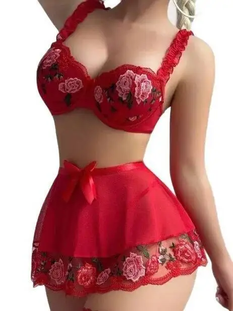 جديد مثير شاش شفاف الدانتيل زهرة التطريز مثير Bowknot عارية الذراعين العميق الخامس الحمالات أكمام تنورة مجموعات الرغبة النقية ZQAM