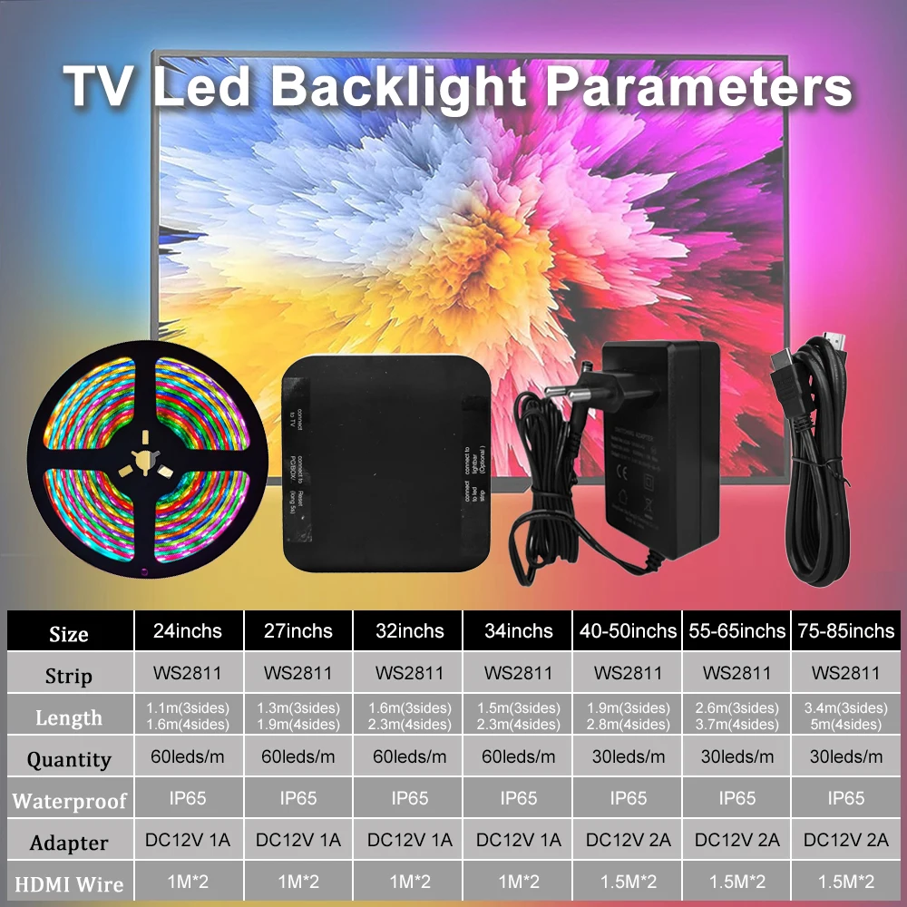 주변 TV LED 백라이트 HDMI 2.0 장치 싱크박스 스마트 라이트 바 스트립, WS2811 5050 RGBIC, 24-85 인치 4K TV 비디오 PS4 XBOX용