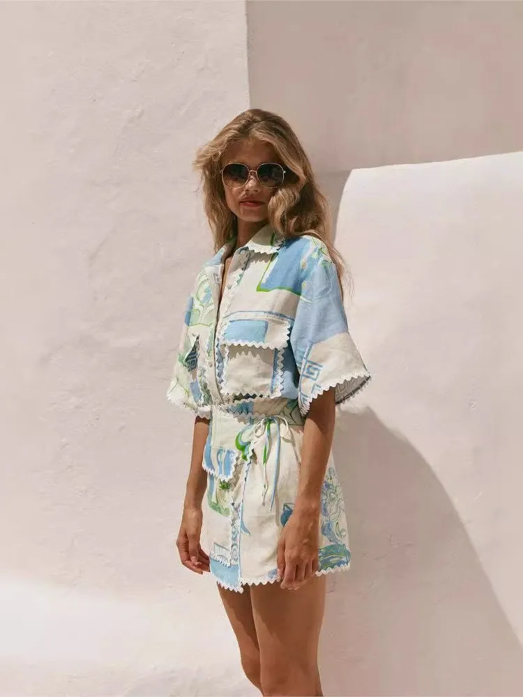 Fashion Printed Ruffle 2 Piece Set Women Summer Casual Patchwork Holiday Trendy Pocket Button Tops And Mini Skirt Two Piece Sets