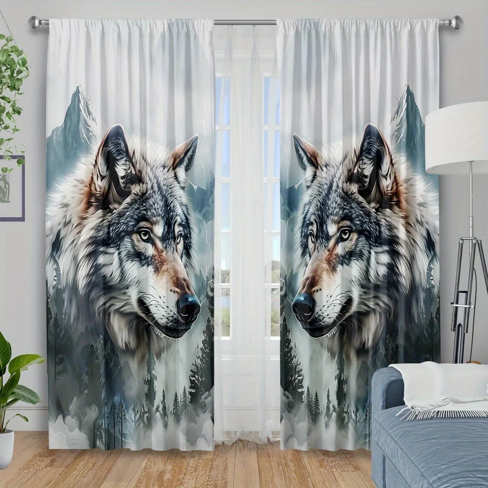 2pcs Realistic Wolf Print Curtains Grey Blue Snowy Mountain Forest Pattern Polyester Window Drapes for Living Room Bedroom Wild