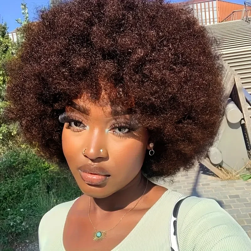 Color #4 Brazilian Human Hair Short Afro Kinky Curly Bob Wig 150% Density Rose Net Cap For Full Machine-Made For Women Short Hai