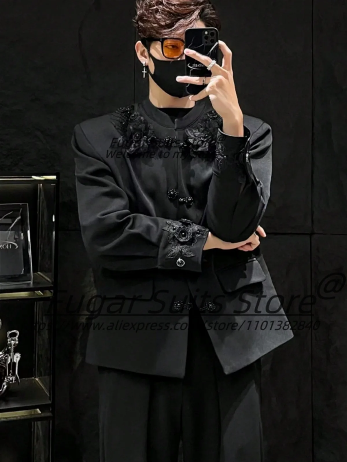 

Новый китайский стиль 3D цветы вышитые свадебные смокинги для жениха по индивидуальному заказу Slim Fit воротник-стойка мужские костюмы комплекты из 2 предметов Ropa Hombre