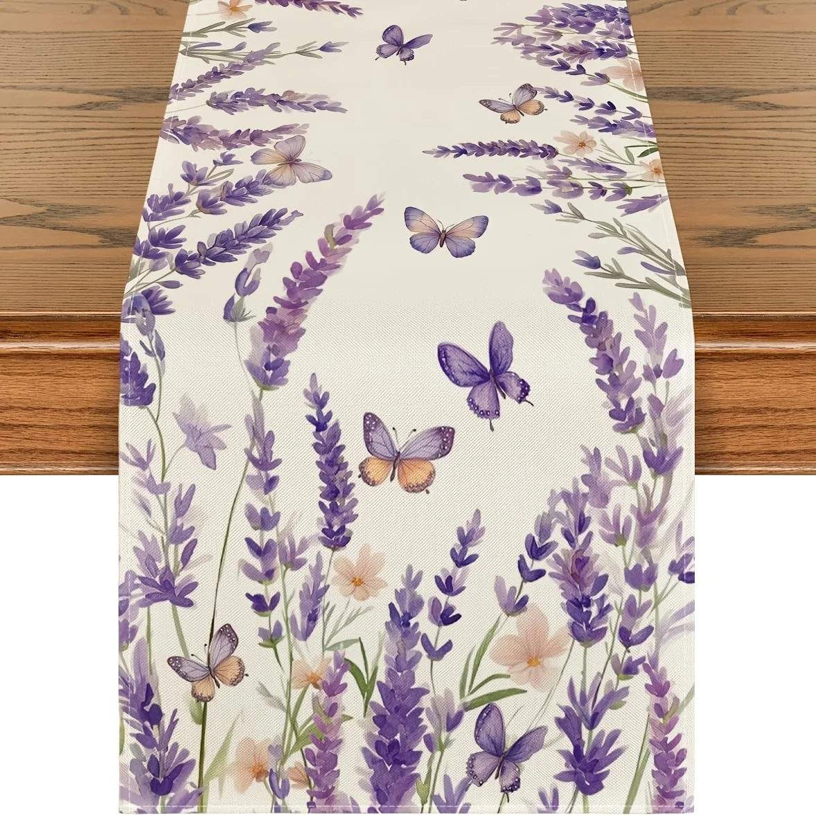 1 Stück, 100 % rechteckiger Tischläufer aus Leinen, lila Lavendel und Schmetterlinge, Frühlings-/Sommer-Thema, gewebtes Blumenmuster