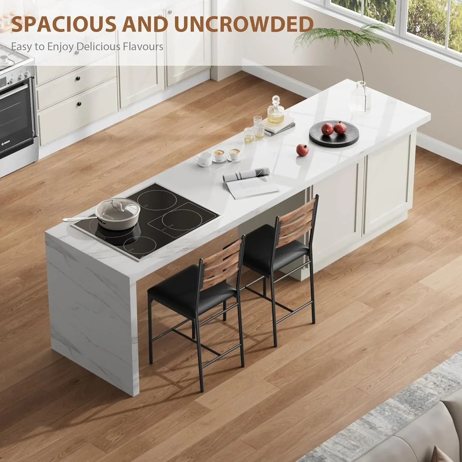 مجموعة مقاعد بار مستديرة مكونة من 2: مقاعد سميكة من الجلد الصناعي مبطنة مع مسند ظهر ومسند للقدمين لبار المنزل الحديث، جزيرة المطبخ