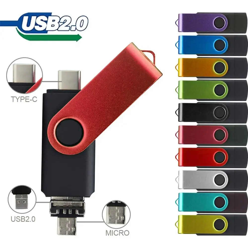 원래 OTG USB 플래시 드라이브 3 1 USB2.0 & 유형 C & 마이크로 USB 지팡이 펜 드라이브 128GB 64GB 32GB Pendrives 선물