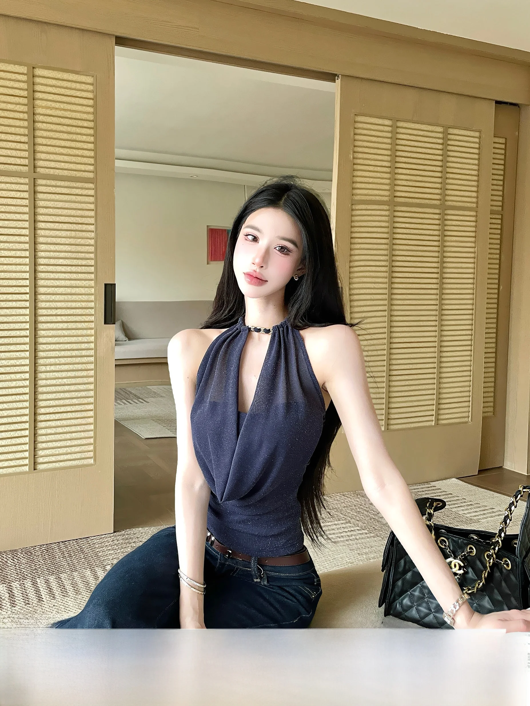 

Летний новый стиль: женский укороченный топ без бретелек с завязками на шее, в стиле Spicy Girl, с высокой талией, эластичный, для прогулок по городу