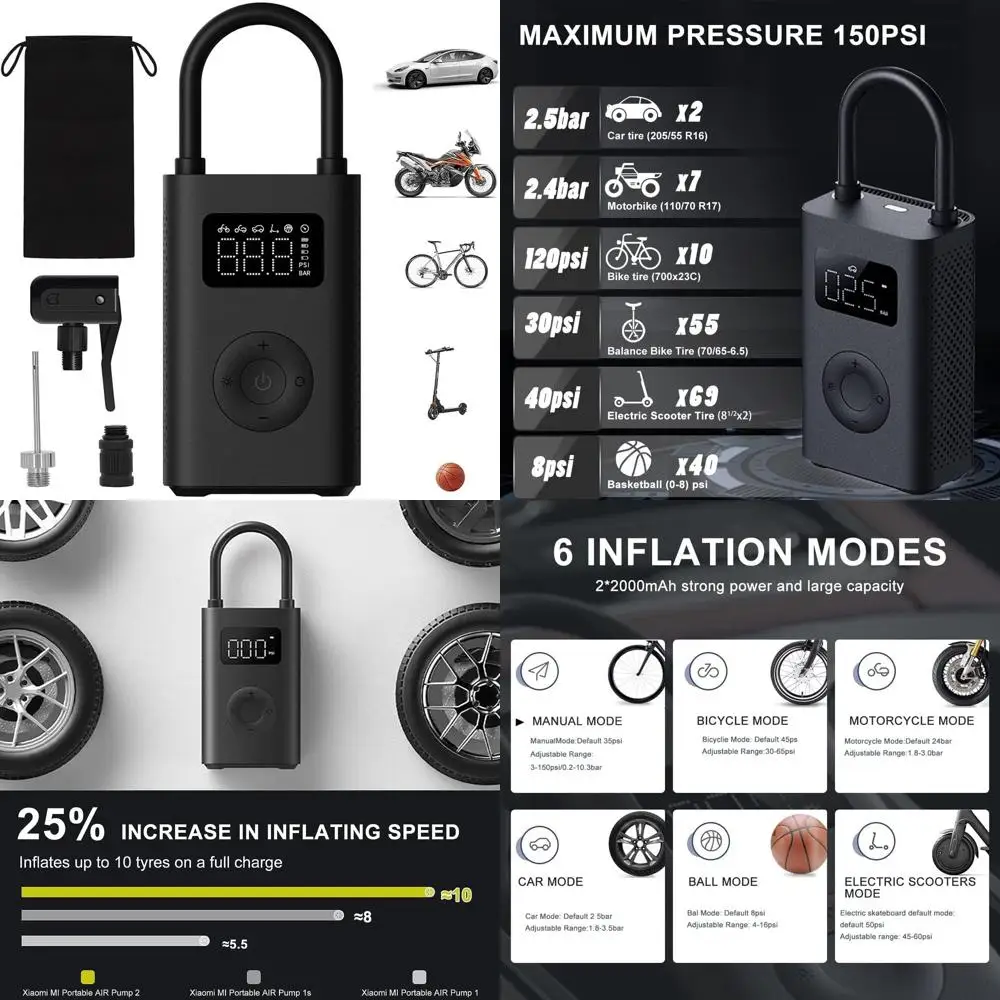 

Беспроводной портативный воздушный компрессор 150 фунтов на квадратный дюйм для автомобилей, скутеров, велосипедных шин и надувных шариков с цифровым манометром