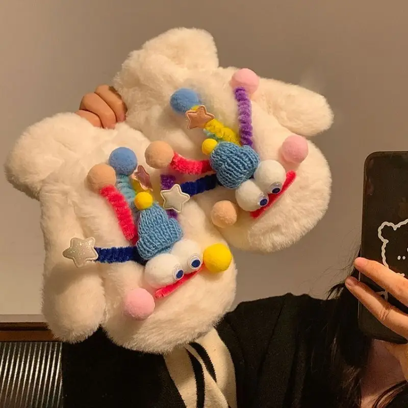 عيد الميلاد Kawaii قفازات الكرتون الشتاء قفازات نسائية يندبروف سميكة الدافئة وشاح أفخم شنق الرقبة قفازات كاملة الأصابع للمرأة #1