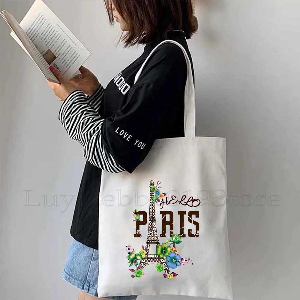 Vintage Eiffel Tower Paris France Girl Drawing Cute Love Heart Women Canvas Shoulder Tote Bag Harajuku Shopper Reusable Handbag