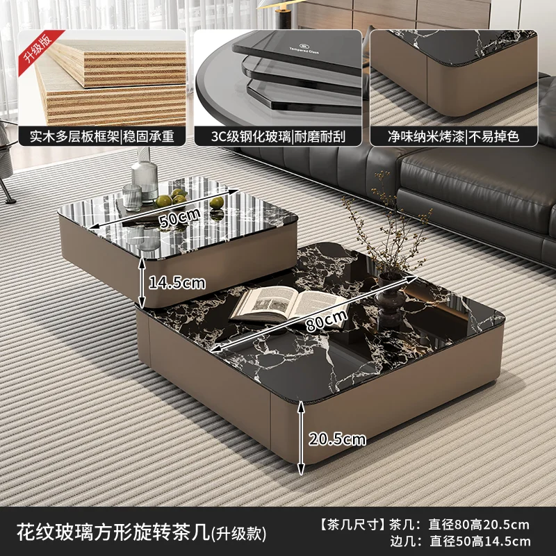 【Hot】 Italiaanse licht draaibare salontafel vierkant 80 cm glazen houten salontafels woonkamermeubilair multifunctioneel