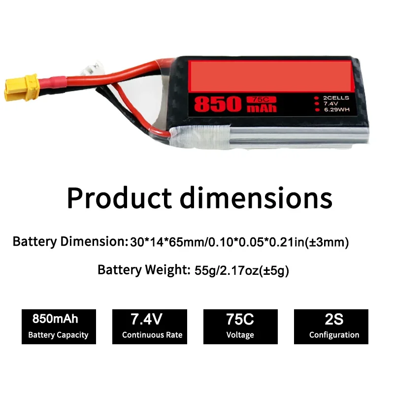 Premium Quality 2S 7.4V 850mAh 75C Long Cycle Life Lipo Battery For FPV Drone Remote Control Toys