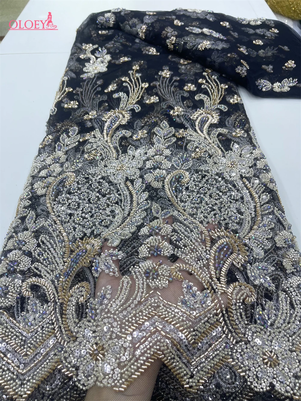 High-End High Quality Luxury French Handmade Embroidery Groom Lace Fabric African Nigerian With Sequins Fabric For Wedding Dress