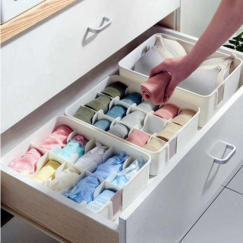 1/10/15 Grid Plastic Underwear Storage Box with Dust-Proof Lid Socks Bra Closet Drawer Organizer Container for Wardrobe Bedroom