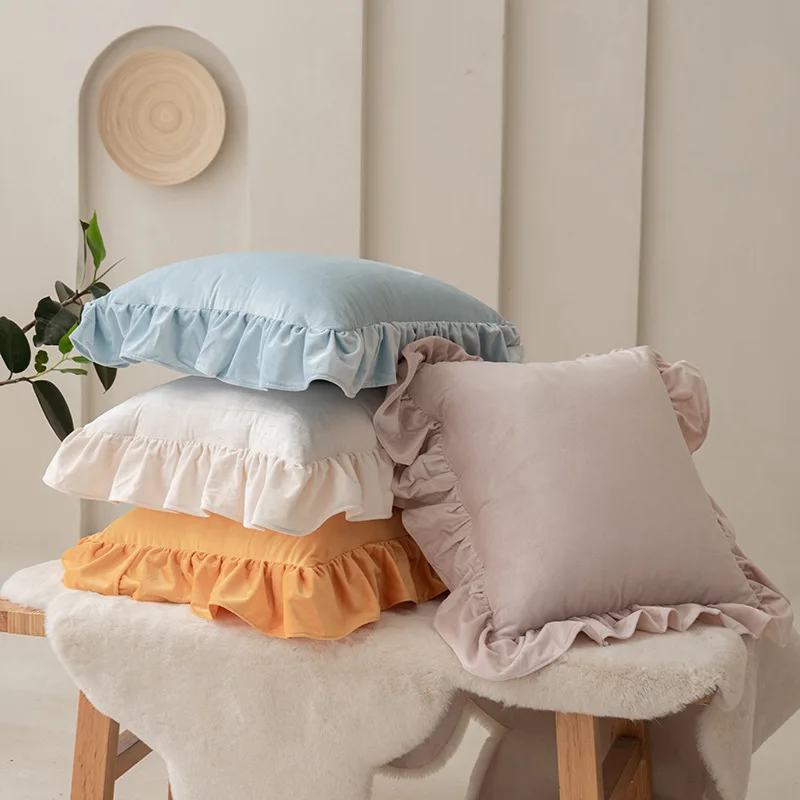 Minimalist INS Solid Color Holland Velvet Pillowcase Lace Edge Luxury Sofa Cushion Cover Home Throw Pillow Cover