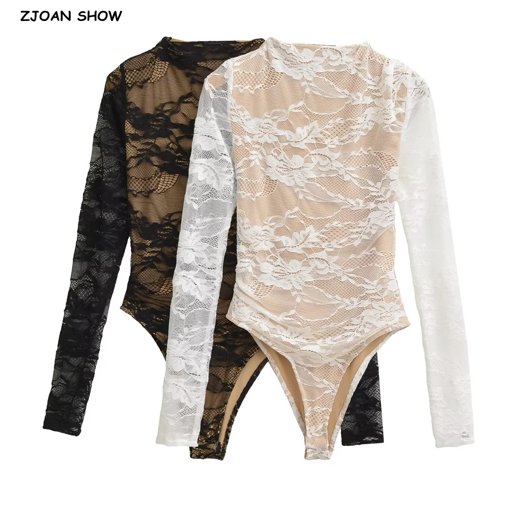 2 colors 2025 Autumn See Through Lace With Lining Stand Collar Long sleeve Bodysuit Sexy Woman Jumpsuit Slim Rompers Playsuits