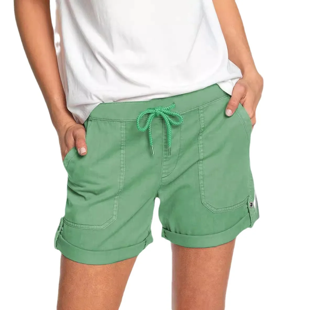 صيف 2024 المرأة لون نقي مستقيم الساق سراويل تقليدية مربوط orts مريحة l الخصر محبوك ألياف البوليستر #5