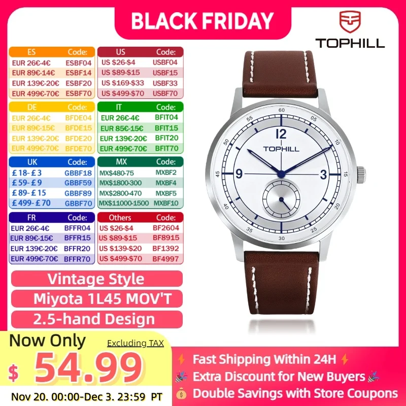 

TOPHILL мужские кварцевые часы в винтажном стиле с сапфировым стеклом кожаный ремешок японский механизм повседневные деловые часы 40 мм
