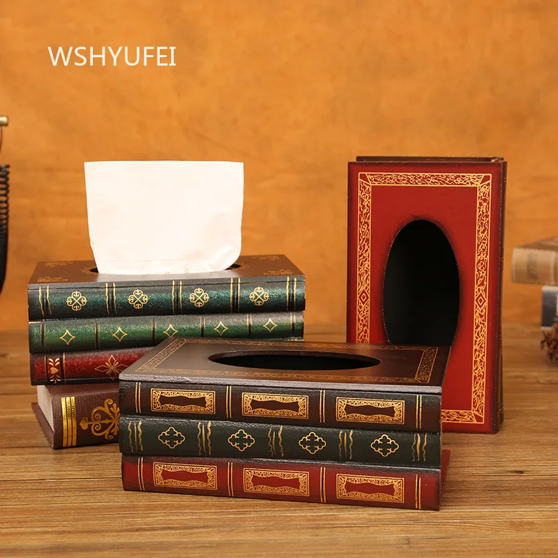 Book Tissue Box Wooden Cardboard Box Simulation Hand Drawn Book Large Capacity Napkin Paper Box Home Decoration Desktop Ornament