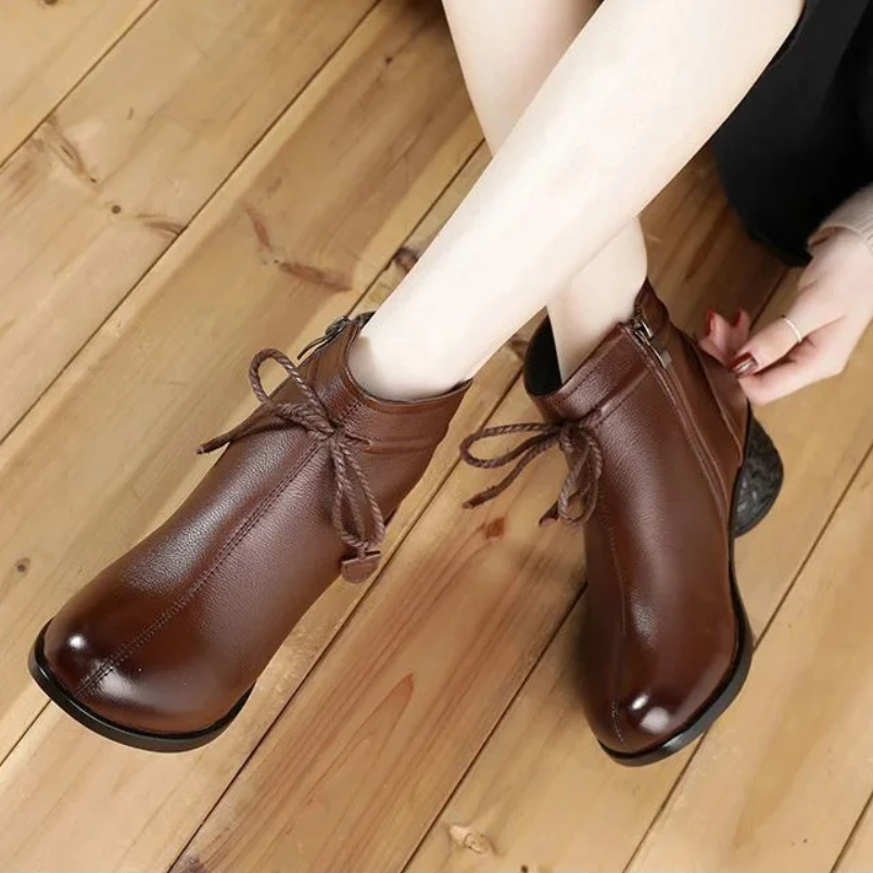 

2025 Genuine Leather Ankle Boots Women Autumn Winter Round Toe Lace Up Shoes Woman Fashion Motorcycle Platform
