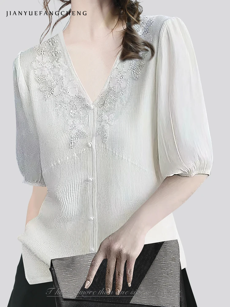 2024 Summer Vintage Embroidered Lantern Sleeves V-neck Chiffon Knit Top Women\'s Western Style Unique Design Loose White Shirt