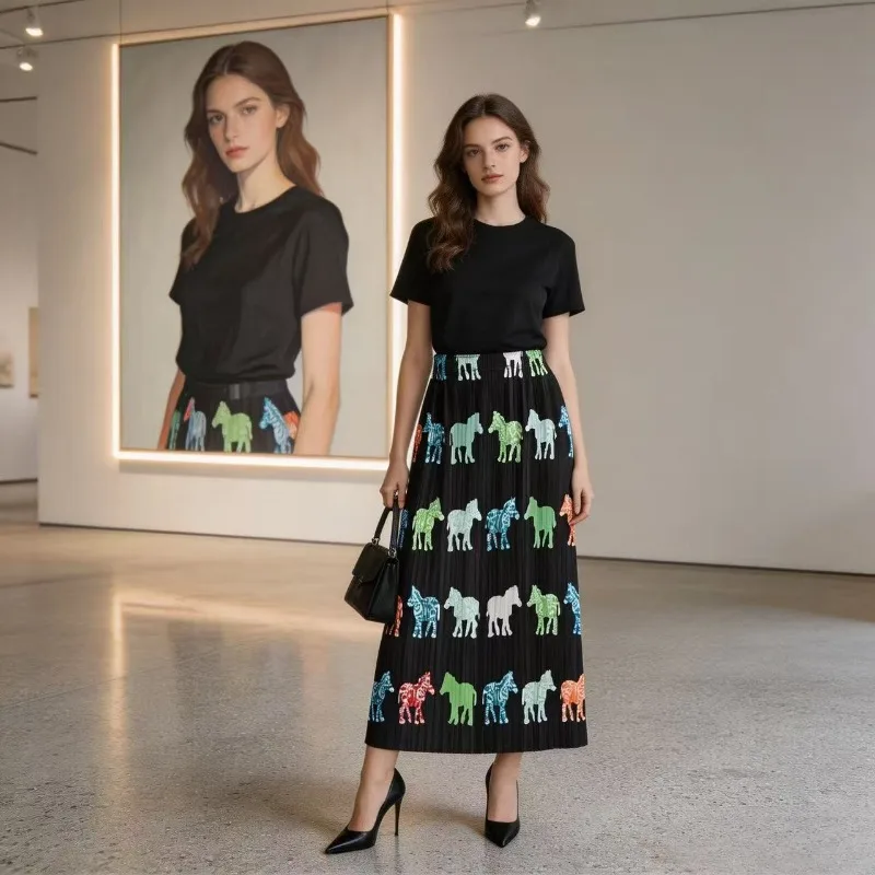 Miyake Pleated New Original 2026 Pleated Skirt Mid-Length Skirt Women Summer New Elastic Waist Printed Straight Half Skirt Pleat