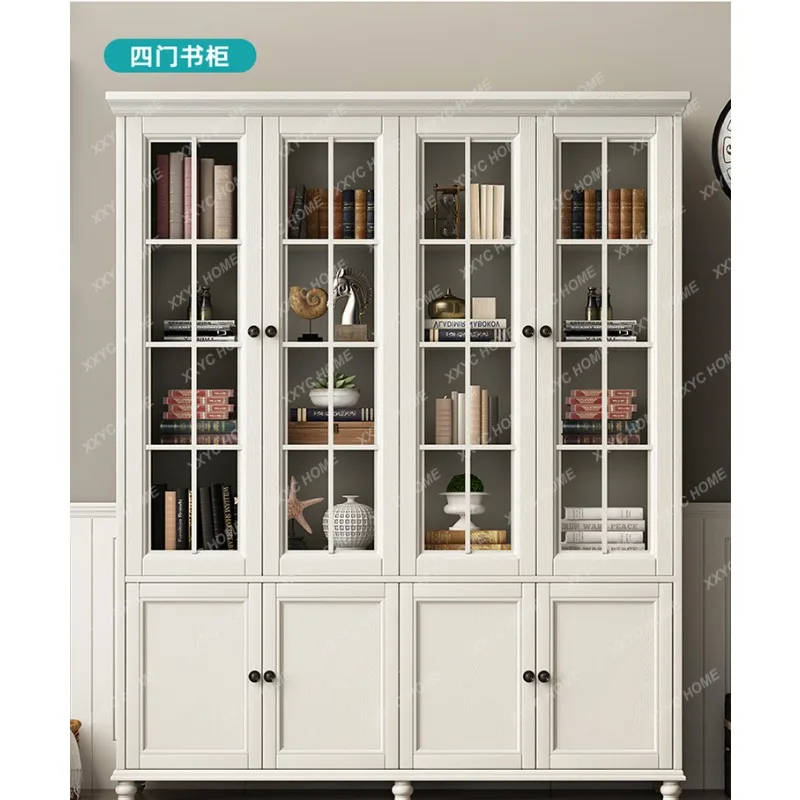 XX all solid wood three-door bookcase white floor-to-ceiling with glass door bookshelf ash wood locker