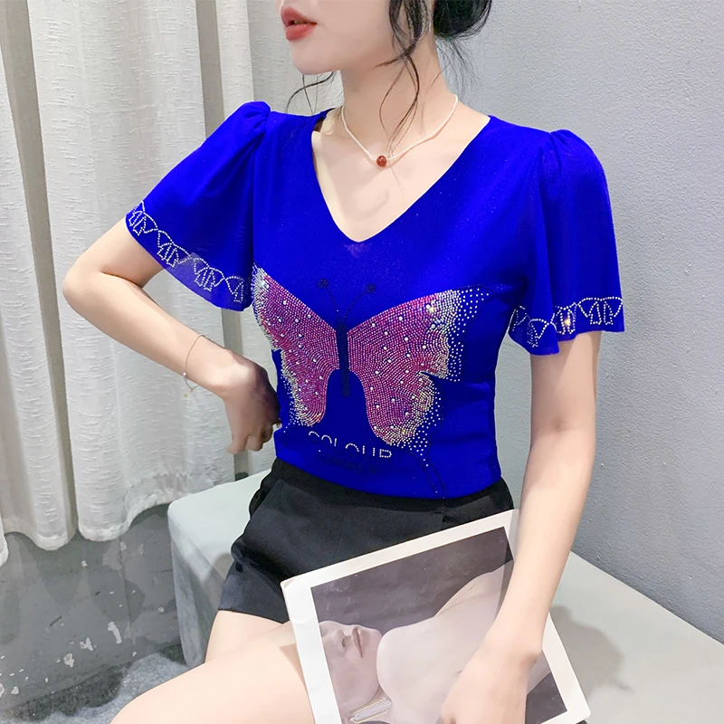 

Faionable Anti-Aging Rhinestone Women's T-irt Summer New Sexy V-Ne Me ort Sve Slim Fit Versatile Me Top
