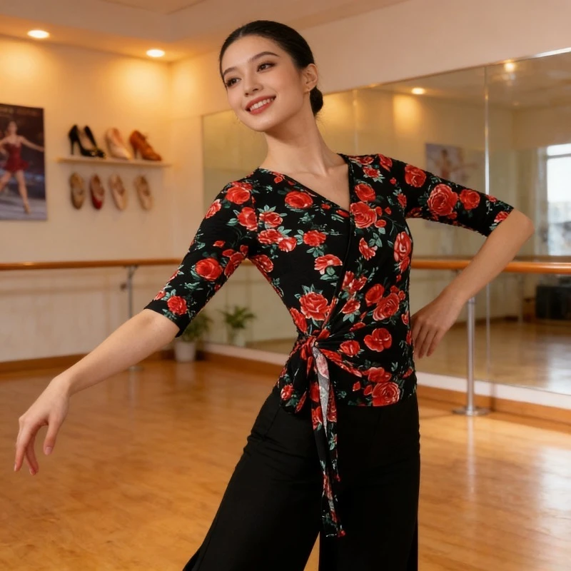 Women Slim Fit Printed Short Sleeve Latin Dance Top Adult Ballroom Samba Training Performance Dancewear  performance accessories