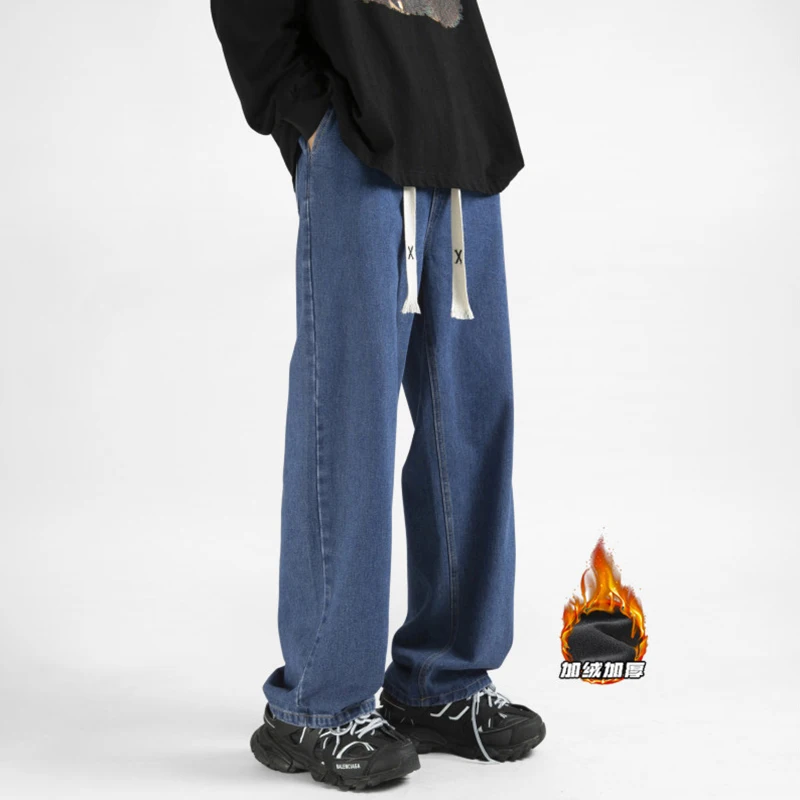 LUZHEN 2026 Winter High Quality Thickened Warm Fleece Liner Straight Denim Pants Men's Stylish Elastic Waist New Jeans JY9418