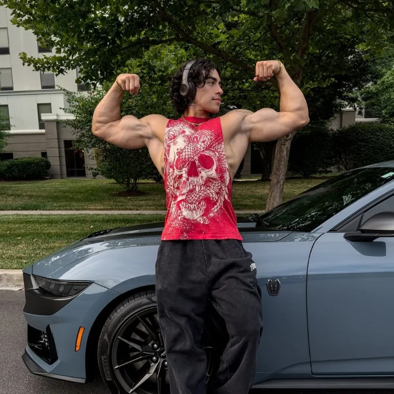Men's Vest Gym Tank Top Men Fitness Print Tees Running Sleeveless Shirt Male Elastic Sport Vest Man Undershirt Gyms Clothing