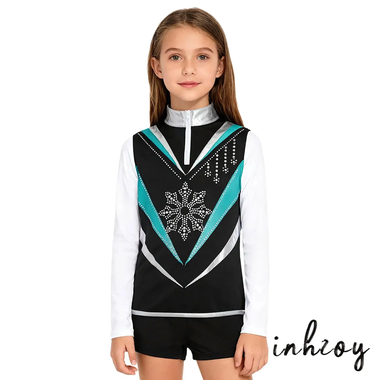 Chaleco de baile de patinaje artístico para niños y niñas, camiseta sin mangas con cuello levantado, copo de nieve brillante, Ballet, Yoga, entrenamiento de baile, práctica