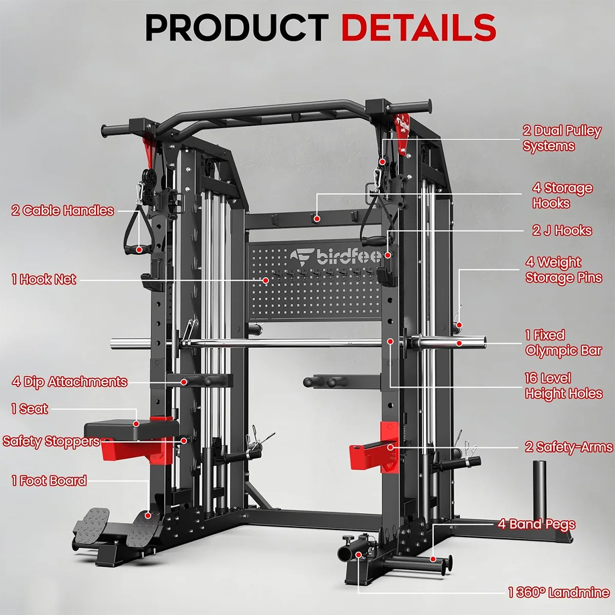 Pooboo Power Cage Multi-Function 2000LB Dual Pulley Cable Crossover | Home Gym Squat Rack Featuring LAT Pulldown, Power Rack & Strength Training Attachments, Pegboard