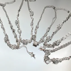 Retro Silver Color Y2k Pendant Necklaces For Women Korean Shiny Zircon Crystal Heart Clavicle Necklace Aesthetic Jewelry Gifts