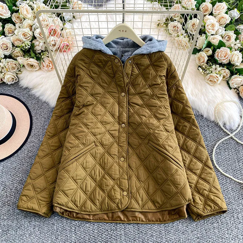 

Winter 2025 Plaid Warm Coat Women Long Sleeve Splice Fake 2pc Sets Simple Argyle Hooded Casual Cotton-Padded Jacket