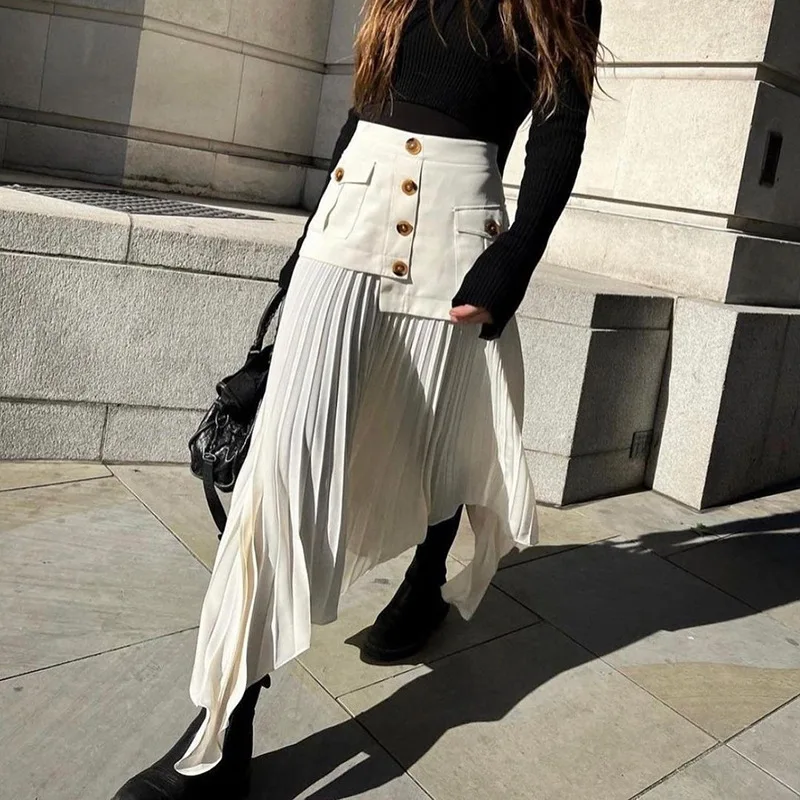 Fashion Women's Skirt High Waist Spliced Single Breasted Pleated Irregular Solid Color Long Skirts Spring 2025 New p1709