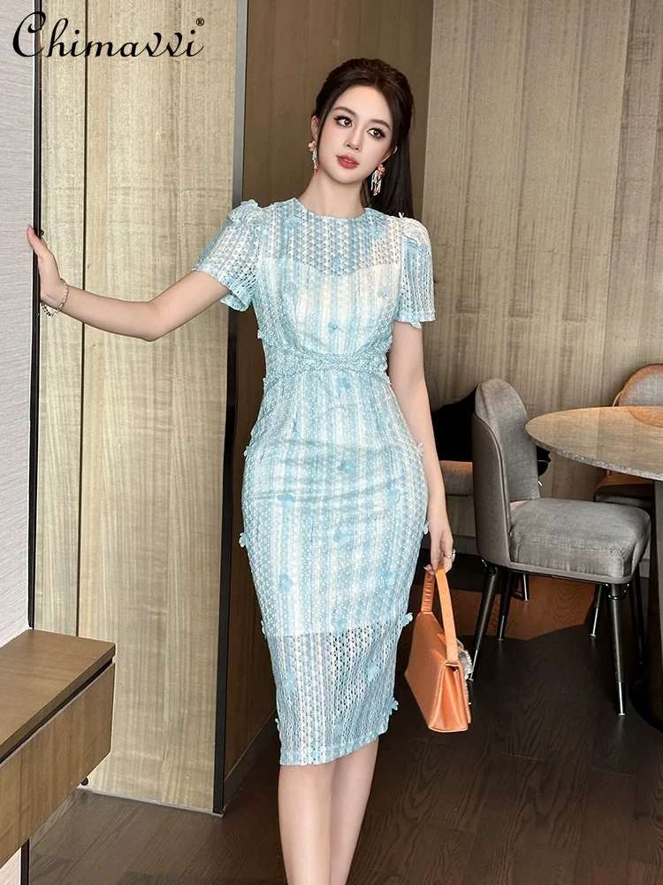 

French Elegant Commuter Round Neck Short Sleeve Hollow Lace 3D Applique High Waist Slim Sexy Hip-wrapped Midi Dress Women Summer