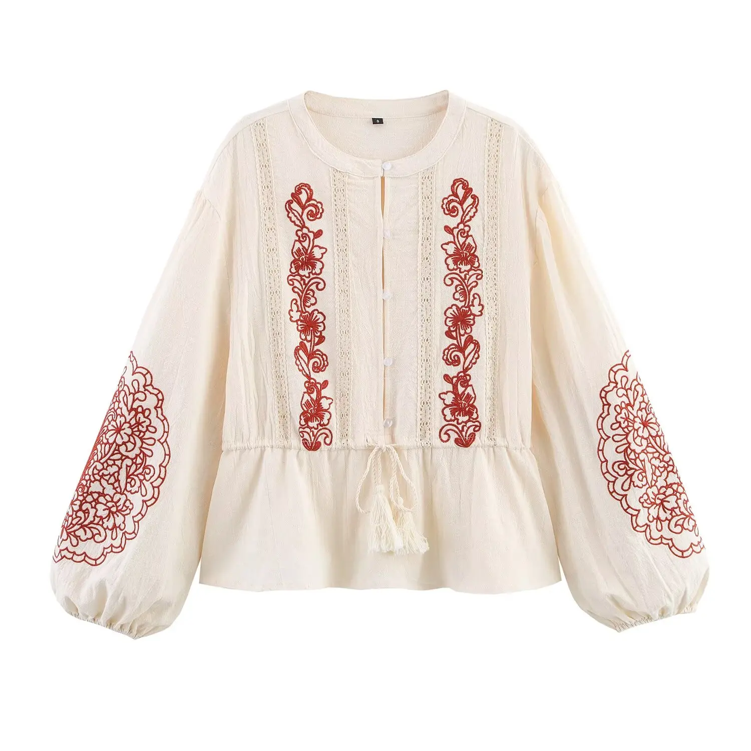 

Women's new fashion lace up decoration casual single breasted embroidered shirt retro long sleeved women's shirt chic top
