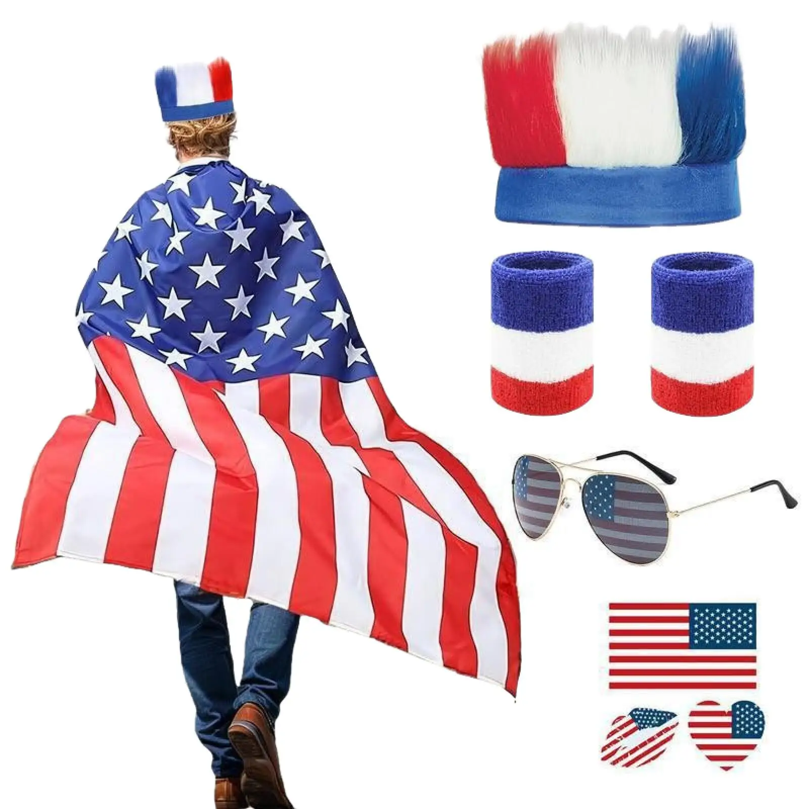 4th of July USA Flag Costume Set Independence Day Stars Stripes Flag Cape Headband Wristbands Sunglasses for Holiday Cosplay