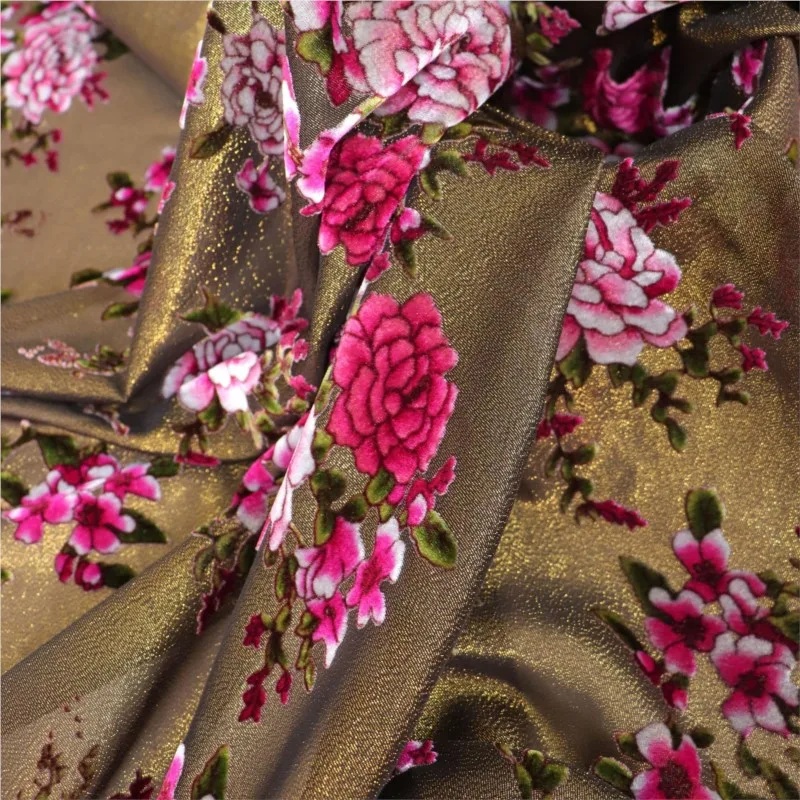 금색과 퇴색된 꽃무늬 벨벳 실크 치파오 드레스