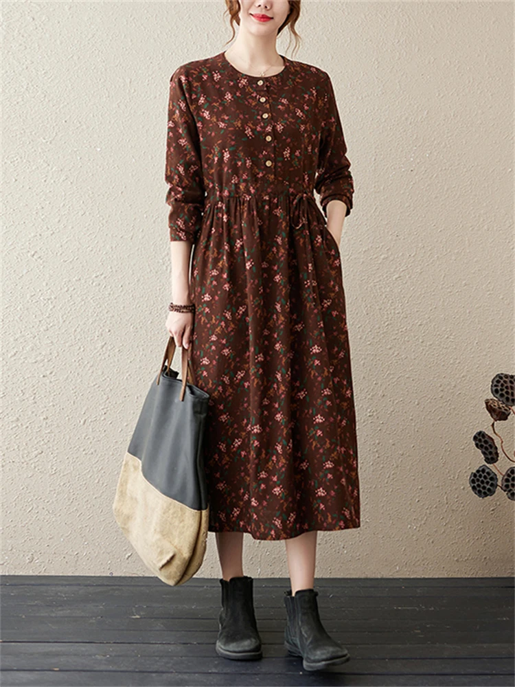 Long Sleeve Cotton Linen Vintage Floral Print Dresses For Women 2024 New Spring Autumn Casual Dress Robe Femme Elegant Clothing