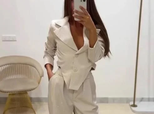 Two Piece Set Women Outfit 2025 Spring Temperament Commuting Irregular Hem Notched Collar Blazer Top & High Waist Pants Set