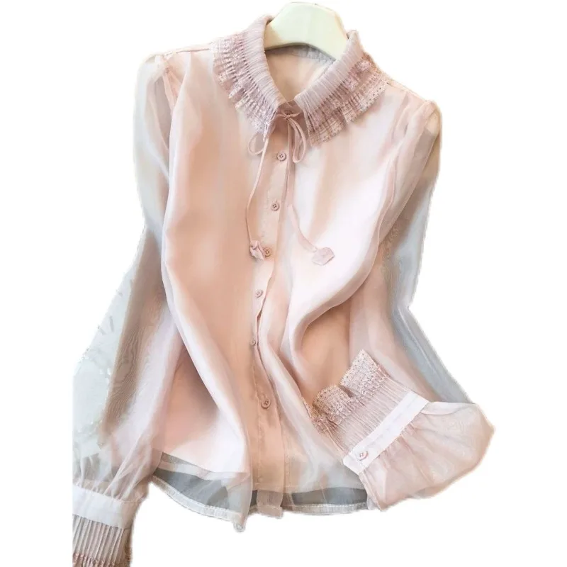 Women Gentle Style Spring Autumn Lace Ruffle Bow Tie Puff Long Sleeve Shirt Elegant Blouse Top