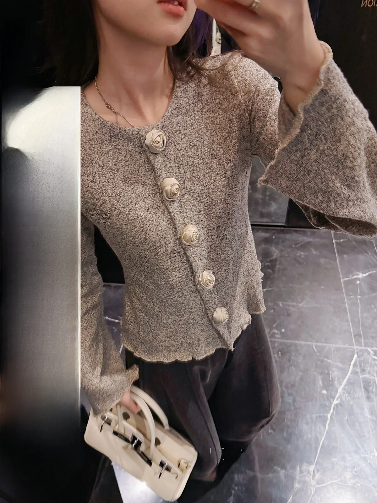 

Rose Button Knitted Open Cardigan Women's Slimming Style Soft Medium Gauge Long Sleeve Short Length round Neck Pure Color Kni...